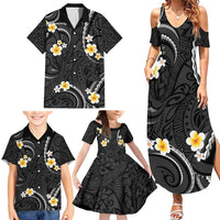 Black And Gray Family Matching Summer Maxi Dress and Hawaiian Shirt Curves Polynesian Tattoo Mix Plumeria Flowers LT14 - Polynesian Pride
