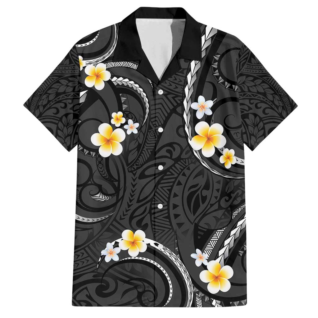 Black And Gray Family Matching Tank Maxi Dress and Hawaiian Shirt Curves Polynesian Tattoo Mix Plumeria Flowers LT14 Dad's Shirt - Short Sleeve Gray - Polynesian Pride