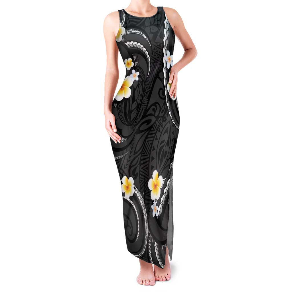 Black And Gray Family Matching Tank Maxi Dress and Hawaiian Shirt Curves Polynesian Tattoo Mix Plumeria Flowers LT14 Mom's Dress Gray - Polynesian Pride