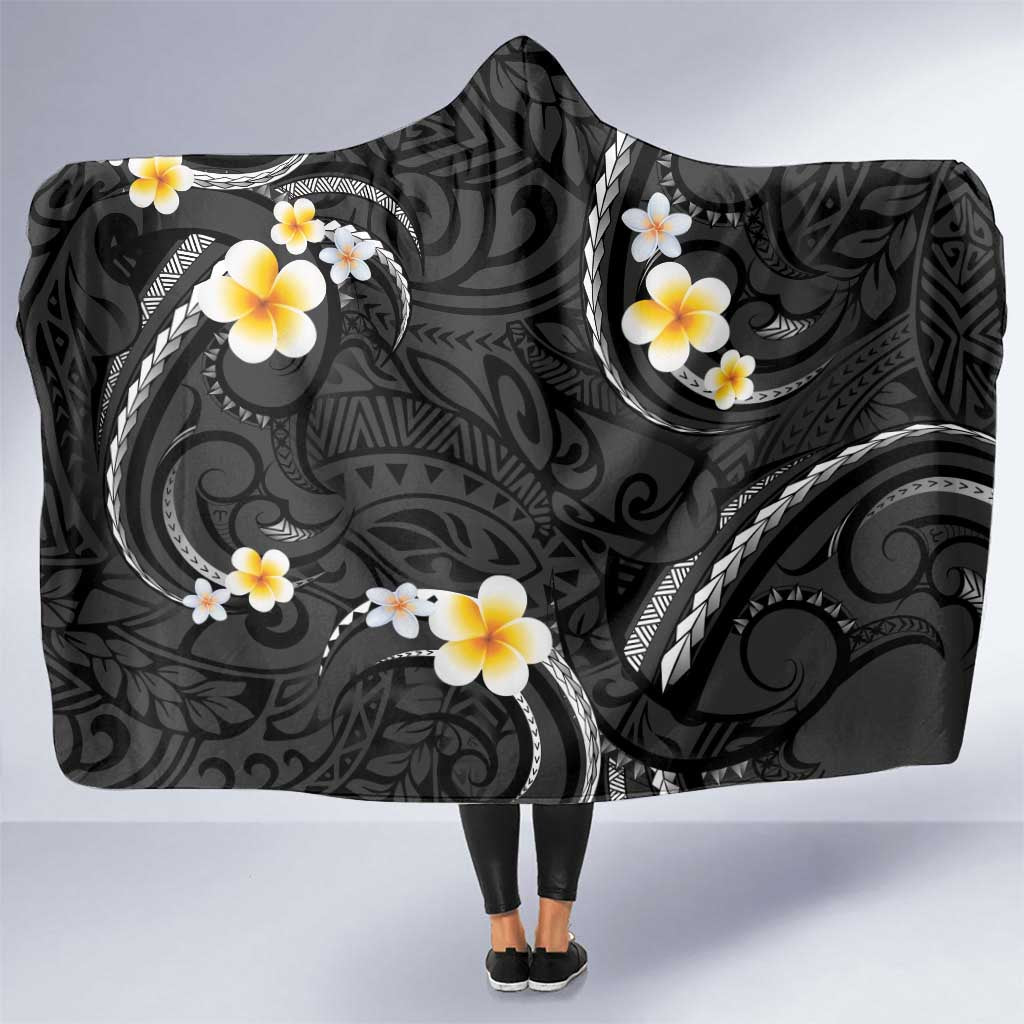 Black And Gray Hooded Blanket Curves Polynesian Tattoo Mix Plumeria Flowers LT14 One Size Gray - Polynesian Pride