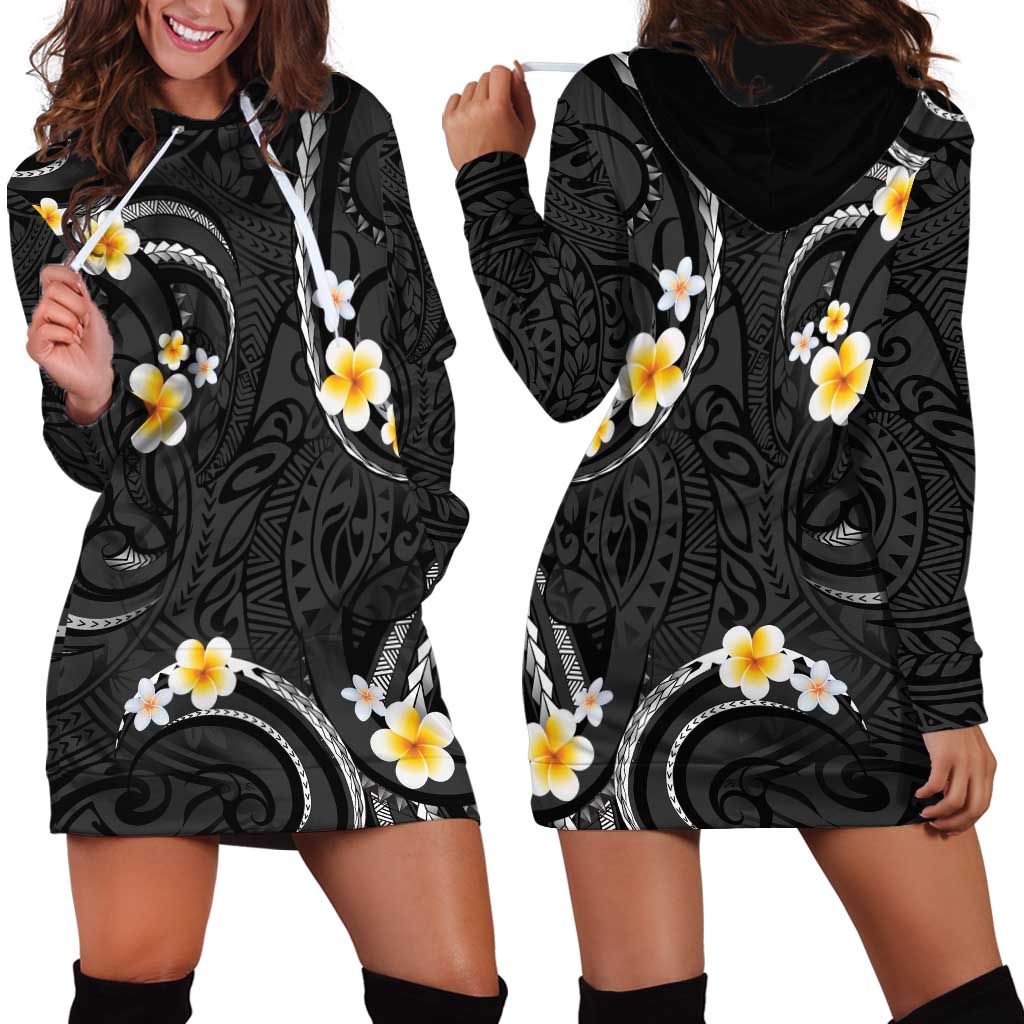 Black And Gray Hoodie Dress Curves Polynesian Tattoo Mix Plumeria Flowers LT14 - Polynesian Pride