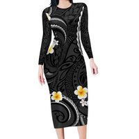 Black And Gray Long Sleeve Bodycon Dress Curves Polynesian Tattoo Mix Plumeria Flowers LT14 Long Dress Gray - Polynesian Pride