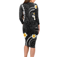 Black And Gray Long Sleeve Bodycon Dress Curves Polynesian Tattoo Mix Plumeria Flowers LT14 - Polynesian Pride