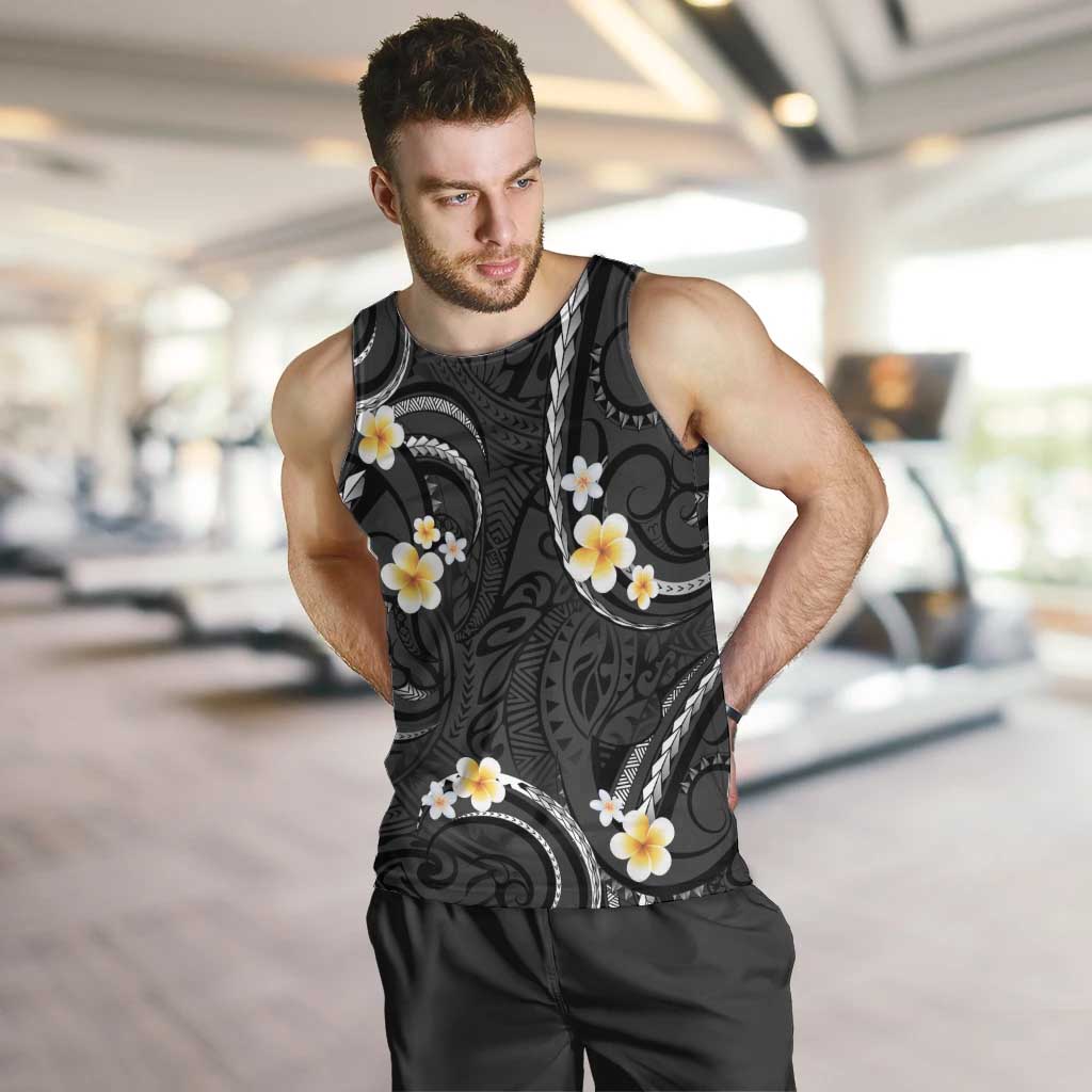 Black And Gray Men Tank Top Curves Polynesian Tattoo Mix Plumeria Flowers LT14 Gray - Polynesian Pride