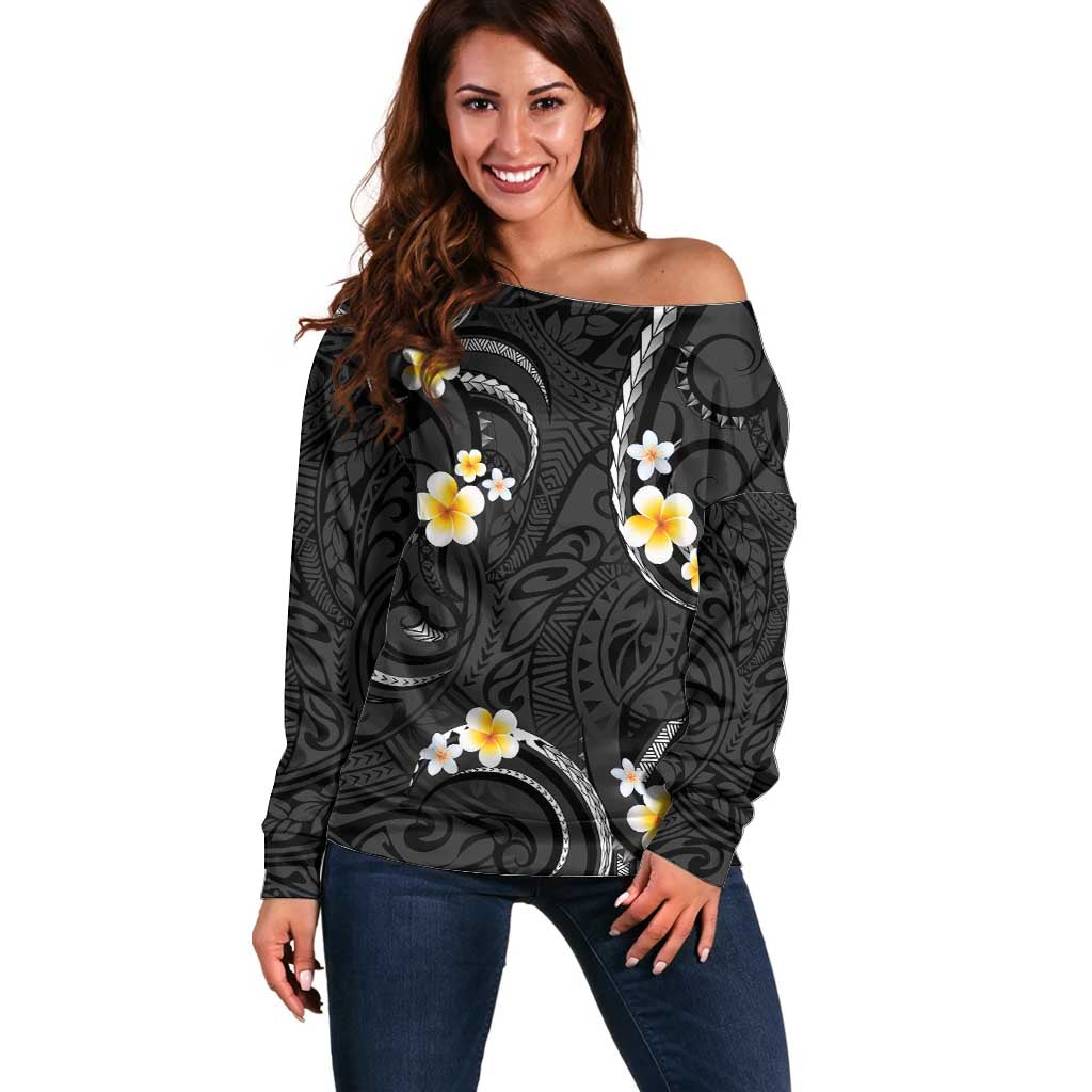 Black And Gray Off Shoulder Sweater Curves Polynesian Tattoo Mix Plumeria Flowers LT14 Women Gray - Polynesian Pride