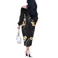 Black And Gray Off The Shoulder Long Sleeve Dress Curves Polynesian Tattoo Mix Plumeria Flowers LT14 - Polynesian Pride
