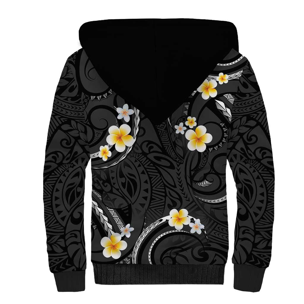 Black And Gray Sherpa Hoodie Curves Polynesian Tattoo Mix Plumeria Flowers LT14 - Polynesian Pride