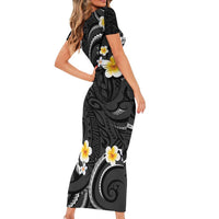 Black And Gray Short Sleeve Bodycon Dress Curves Polynesian Tattoo Mix Plumeria Flowers LT14 - Polynesian Pride
