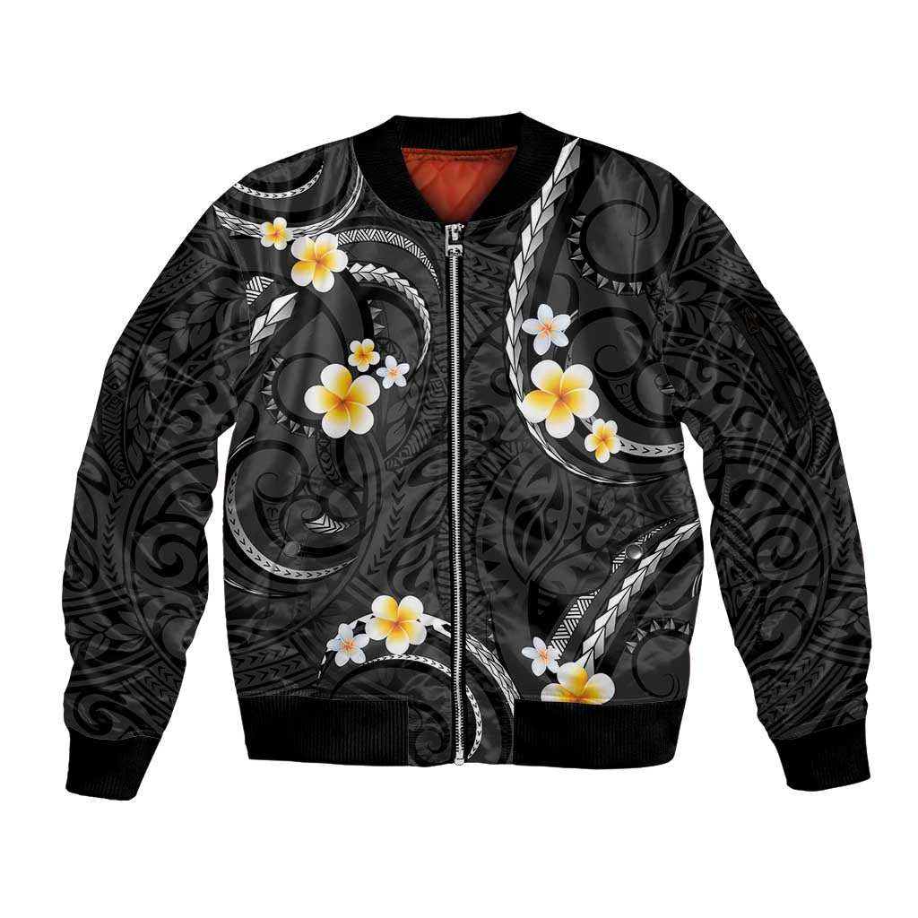 Black And Gray Sleeve Zip Bomber Jacket Curves Polynesian Tattoo Mix Plumeria Flowers LT14 Unisex Gray - Polynesian Pride