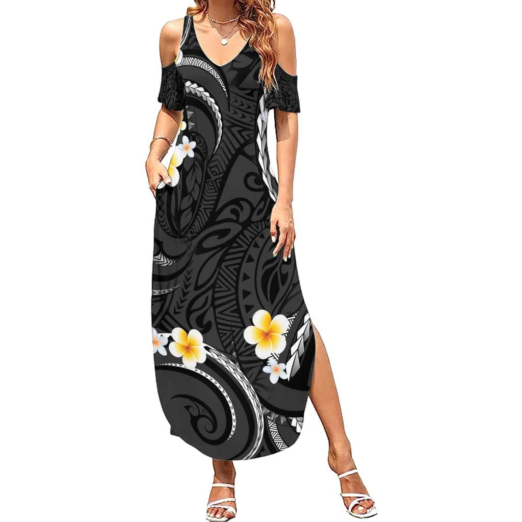Black And Gray Summer Maxi Dress Curves Polynesian Tattoo Mix Plumeria Flowers LT14 Women Gray - Polynesian Pride