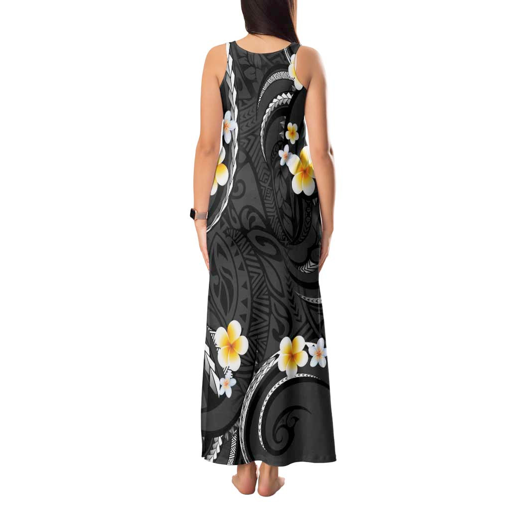 Black And Gray Tank Maxi Dress Curves Polynesian Tattoo Mix Plumeria Flowers LT14 - Polynesian Pride