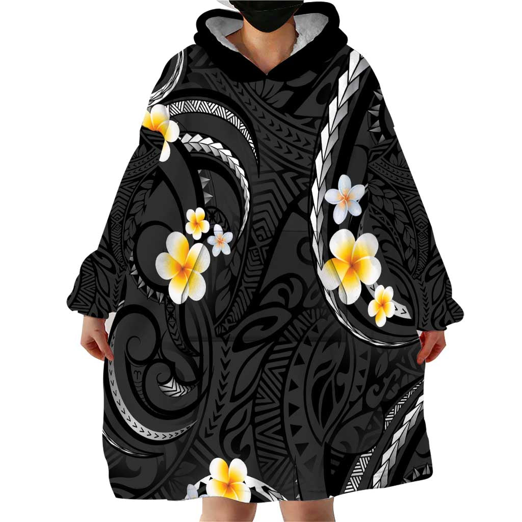 Black And Gray Wearable Blanket Hoodie Curves Polynesian Tattoo Mix Plumeria Flowers LT14 - Polynesian Pride