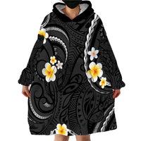 Black And Gray Wearable Blanket Hoodie Curves Polynesian Tattoo Mix Plumeria Flowers LT14 - Polynesian Pride