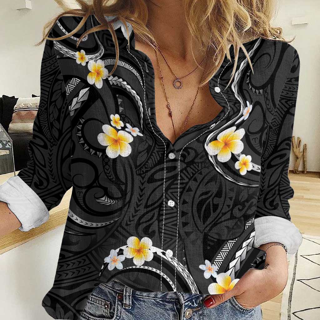Black And Gray Women Casual Shirt Curves Polynesian Tattoo Mix Plumeria Flowers LT14 Female Gray - Polynesian Pride