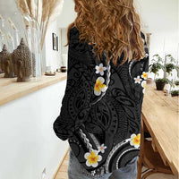 Black And Gray Women Casual Shirt Curves Polynesian Tattoo Mix Plumeria Flowers LT14 - Polynesian Pride