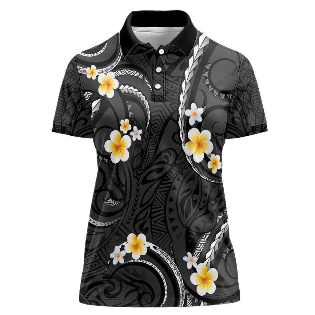 Black And Gray Women Polo Shirt Curves Polynesian Tattoo Mix Plumeria Flowers LT14 Female Gray - Polynesian Pride