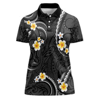 Black And Gray Women Polo Shirt Curves Polynesian Tattoo Mix Plumeria Flowers LT14 Female Gray - Polynesian Pride