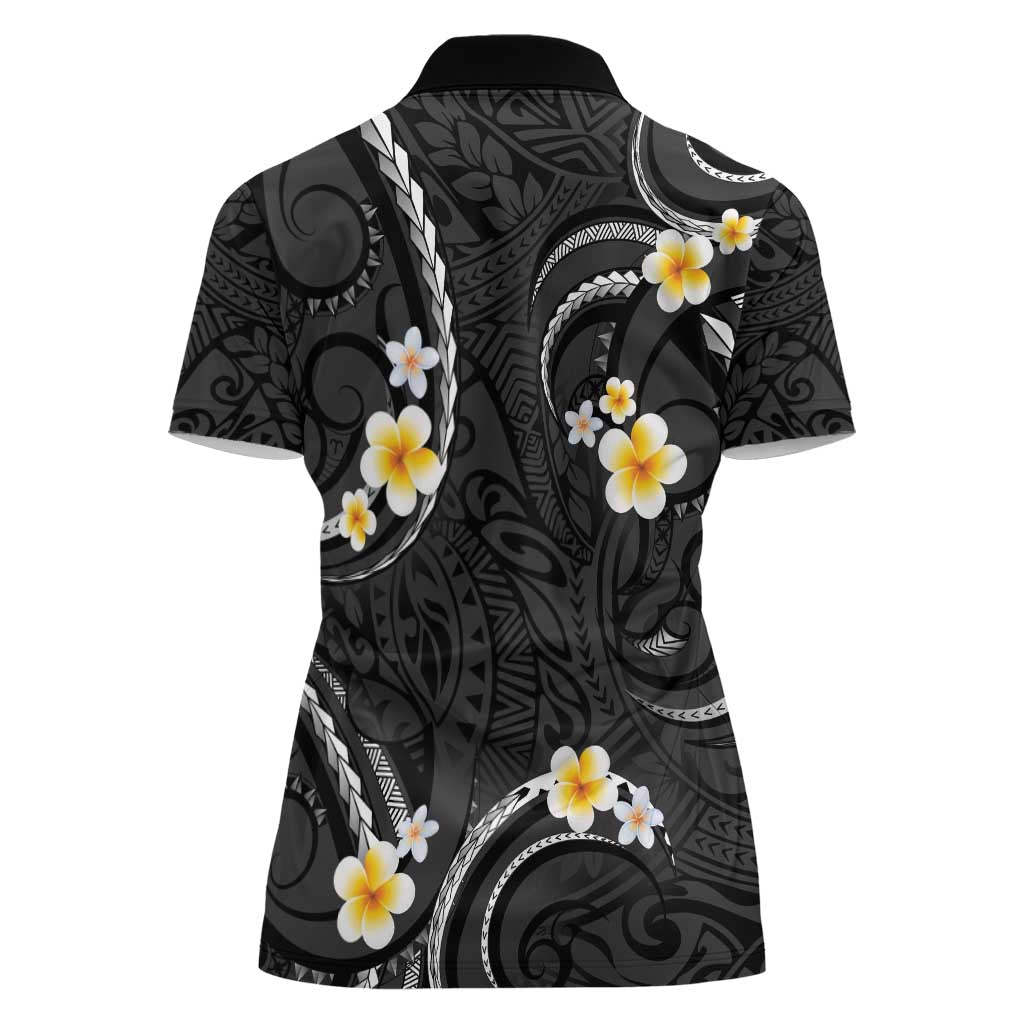 Black And Gray Women Polo Shirt Curves Polynesian Tattoo Mix Plumeria Flowers LT14 - Polynesian Pride