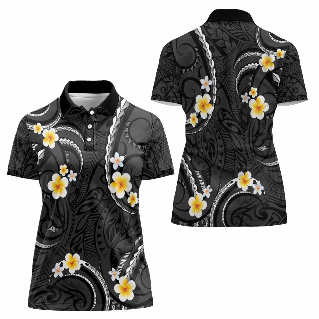 Black And Gray Women Polo Shirt Curves Polynesian Tattoo Mix Plumeria Flowers LT14 - Polynesian Pride