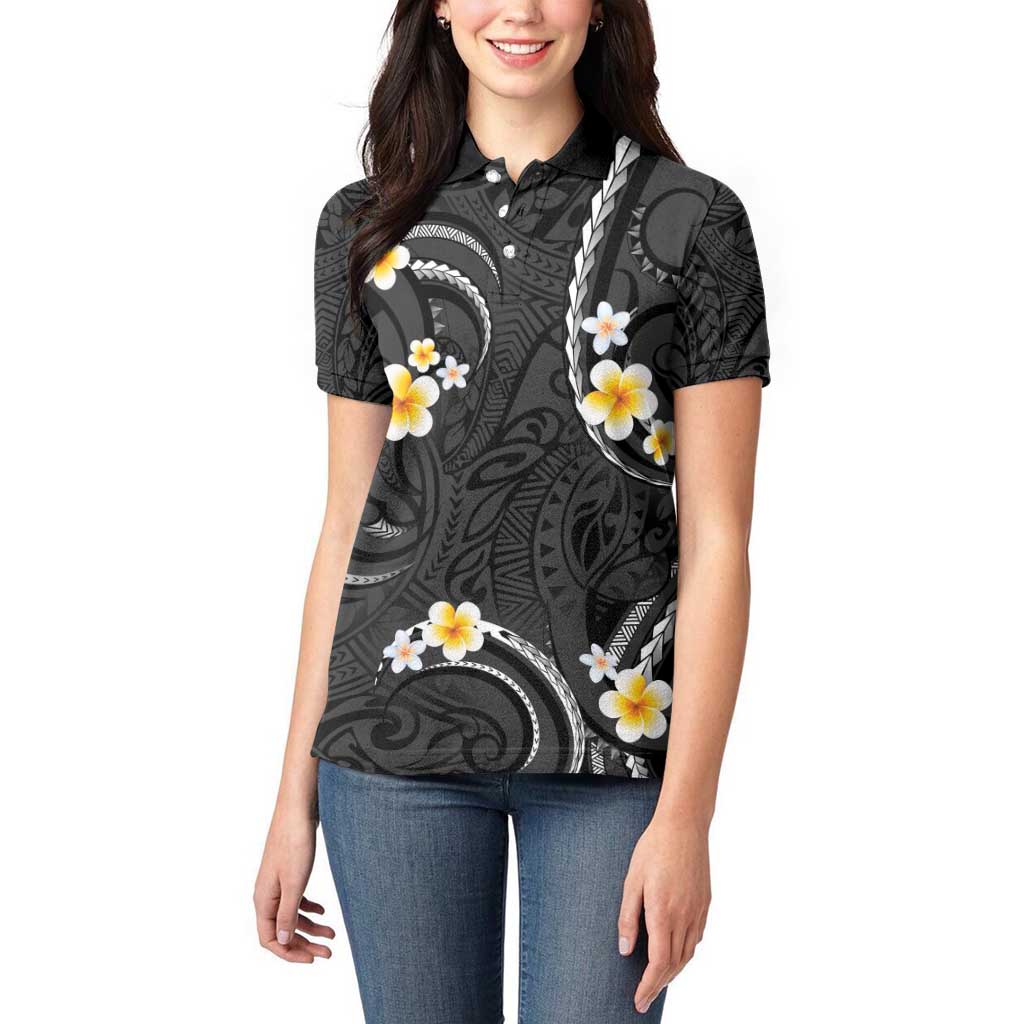 Black And Gray Women Polo Shirt Curves Polynesian Tattoo Mix Plumeria Flowers LT14 - Polynesian Pride