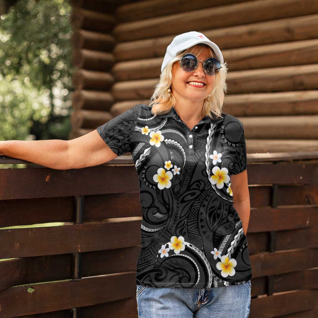 Black And Gray Women Polo Shirt Curves Polynesian Tattoo Mix Plumeria Flowers LT14 - Polynesian Pride