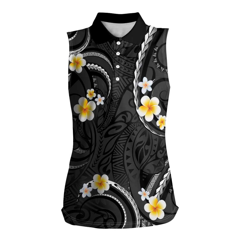 Black And Gray Women Sleeveless Polo Shirt Curves Polynesian Tattoo Mix Plumeria Flowers LT14 Female Gray - Polynesian Pride
