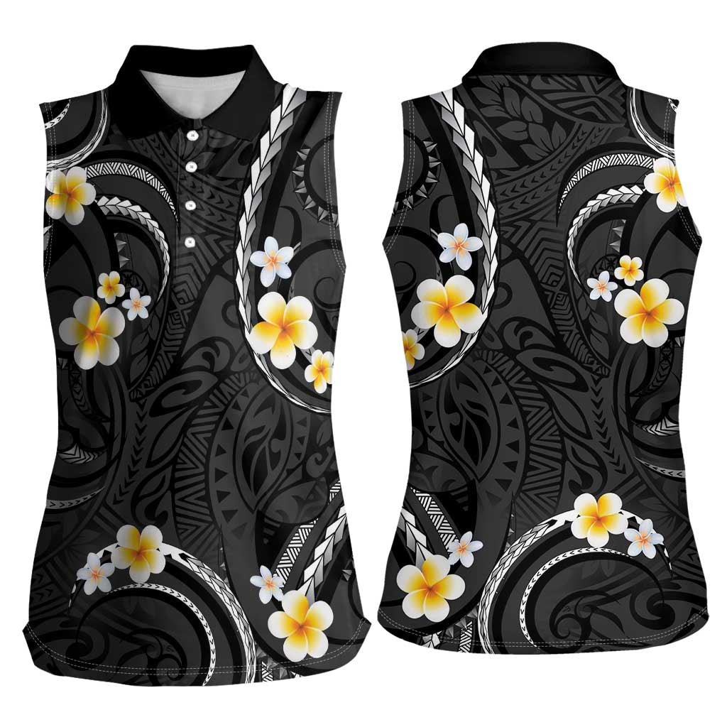 Black And Gray Women Sleeveless Polo Shirt Curves Polynesian Tattoo Mix Plumeria Flowers LT14 - Polynesian Pride