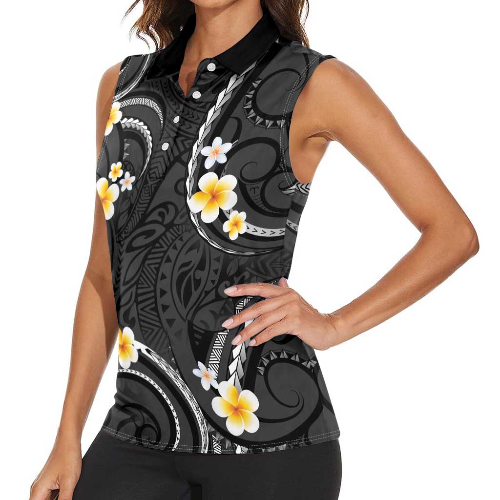 Black And Gray Women Sleeveless Polo Shirt Curves Polynesian Tattoo Mix Plumeria Flowers LT14 - Polynesian Pride