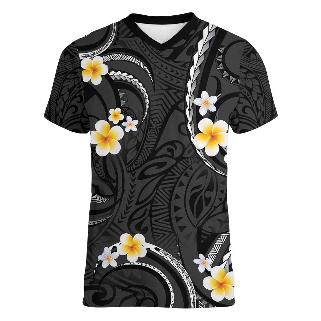 Black And Gray Women V-Neck T-Shirt Curves Polynesian Tattoo Mix Plumeria Flowers LT14 Female Gray - Polynesian Pride