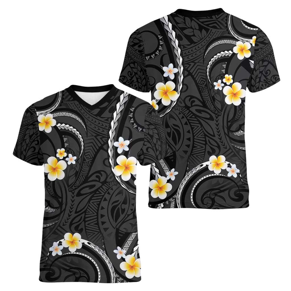 Black And Gray Women V-Neck T-Shirt Curves Polynesian Tattoo Mix Plumeria Flowers LT14 - Polynesian Pride