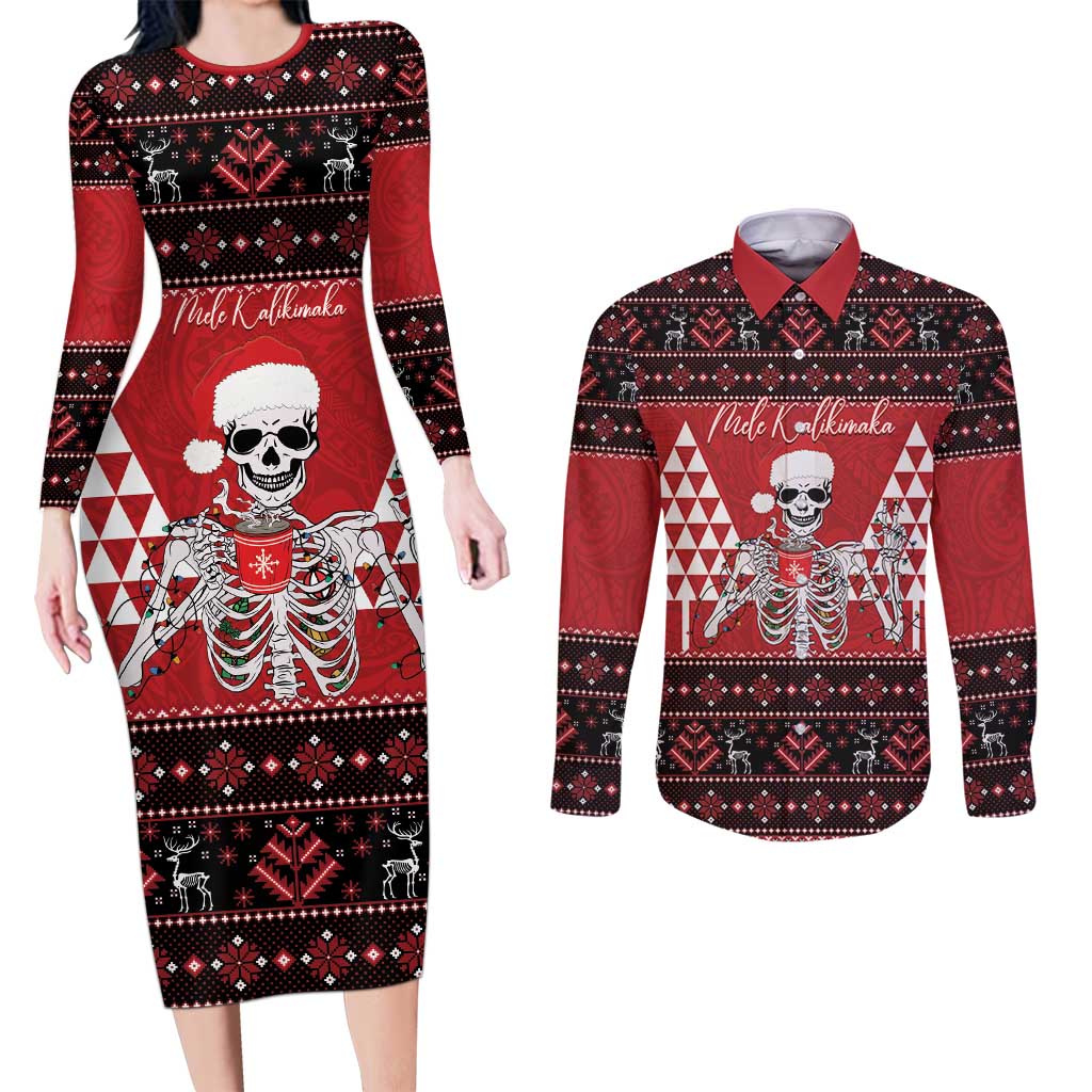 Personalized Hawaii Skull Christmas Couples Matching Long Sleeve Bodycon Dress and Long Sleeve Button Shirt Mele Kalikimaka Hawaiian Kakau LT14 Red - Polynesian Pride
