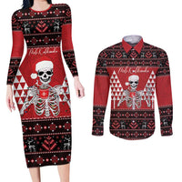 Personalized Hawaii Skull Christmas Couples Matching Long Sleeve Bodycon Dress and Long Sleeve Button Shirt Mele Kalikimaka Hawaiian Kakau LT14 Red - Polynesian Pride