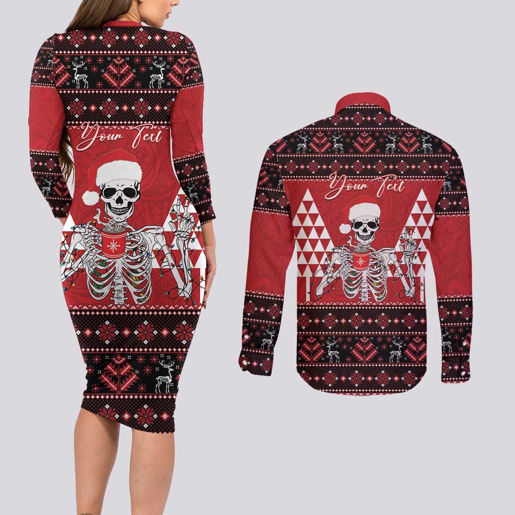 Personalized Hawaii Skull Christmas Couples Matching Long Sleeve Bodycon Dress and Long Sleeve Button Shirt Mele Kalikimaka Hawaiian Kakau LT14 - Polynesian Pride