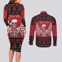 Personalized Hawaii Skull Christmas Couples Matching Long Sleeve Bodycon Dress and Long Sleeve Button Shirt Mele Kalikimaka Hawaiian Kakau LT14 - Polynesian Pride