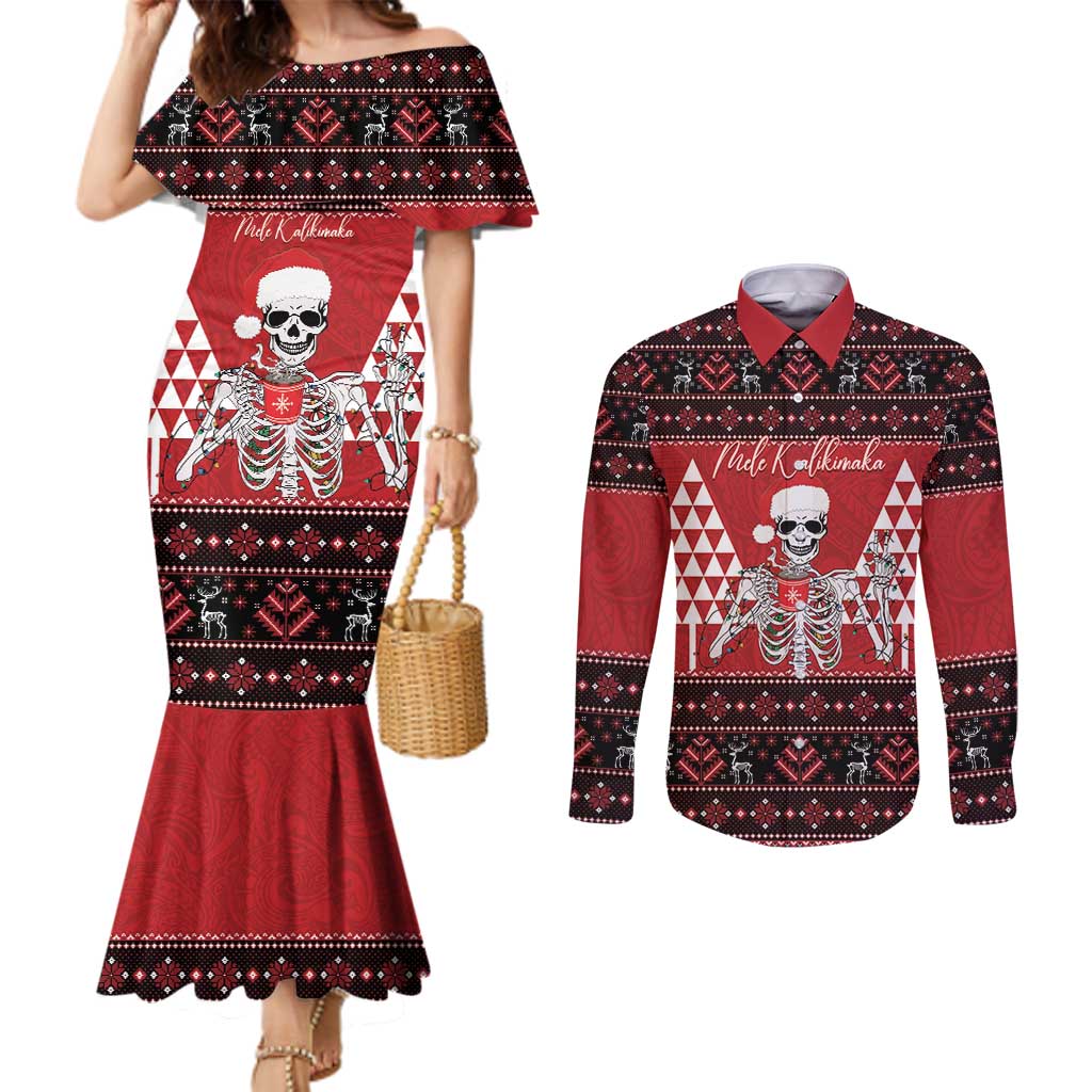 Personalized Hawaii Skull Christmas Couples Matching Mermaid Dress and Long Sleeve Button Shirt Mele Kalikimaka Hawaiian Kakau LT14 Red - Polynesian Pride