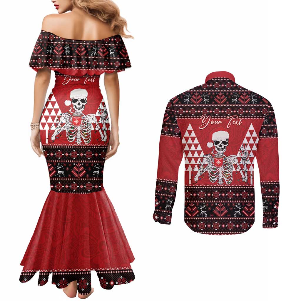 Personalized Hawaii Skull Christmas Couples Matching Mermaid Dress and Long Sleeve Button Shirt Mele Kalikimaka Hawaiian Kakau LT14 - Polynesian Pride