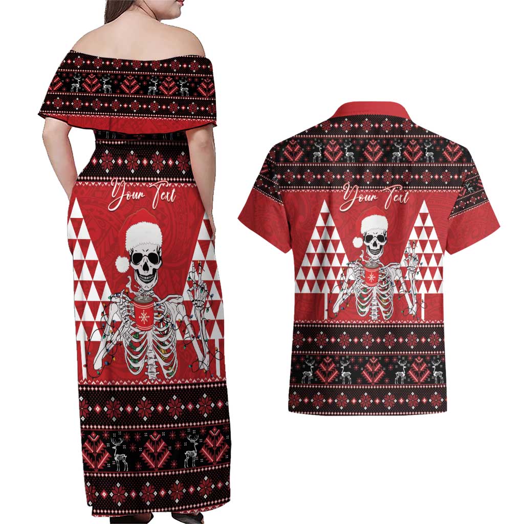 Personalized Hawaii Skull Christmas Couples Matching Off Shoulder Maxi Dress and Hawaiian Shirt Mele Kalikimaka Hawaiian Kakau LT14 - Polynesian Pride
