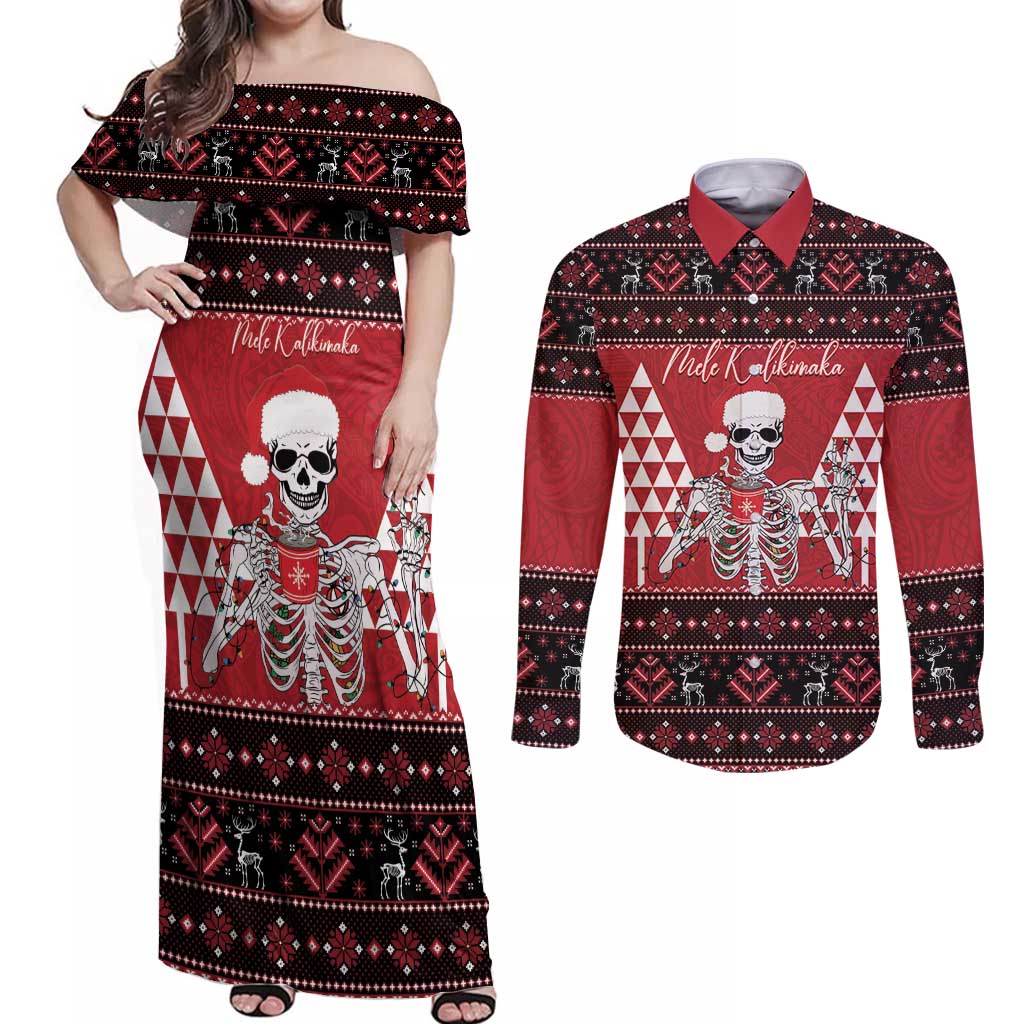 Personalized Hawaii Skull Christmas Couples Matching Off Shoulder Maxi Dress and Long Sleeve Button Shirt Mele Kalikimaka Hawaiian Kakau LT14 Red - Polynesian Pride