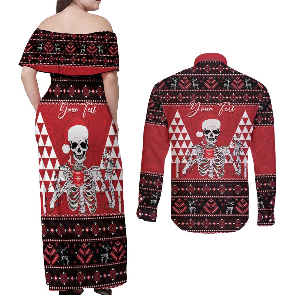 Personalized Hawaii Skull Christmas Couples Matching Off Shoulder Maxi Dress and Long Sleeve Button Shirt Mele Kalikimaka Hawaiian Kakau LT14 - Polynesian Pride