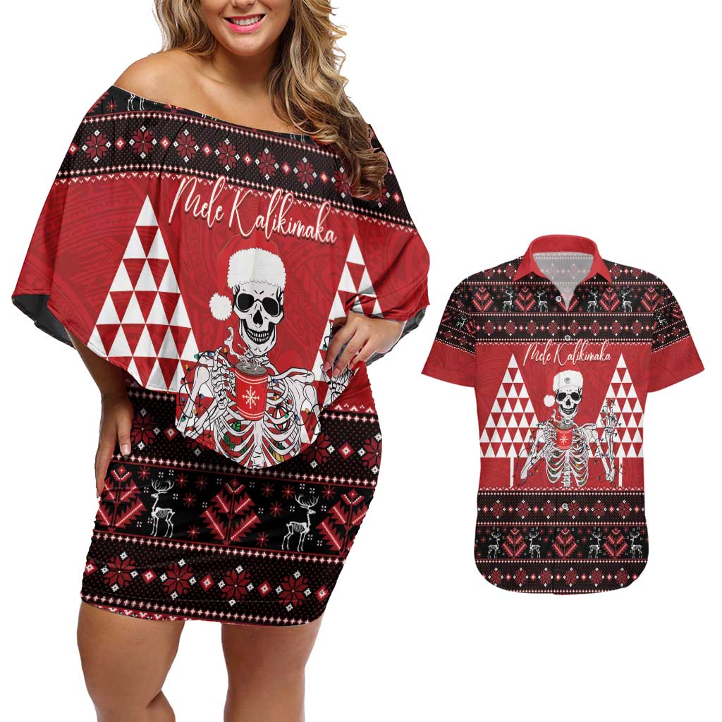 Personalized Hawaii Skull Christmas Couples Matching Off Shoulder Short Dress and Hawaiian Shirt Mele Kalikimaka Hawaiian Kakau LT14 Red - Polynesian Pride