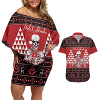 Personalized Hawaii Skull Christmas Couples Matching Off Shoulder Short Dress and Hawaiian Shirt Mele Kalikimaka Hawaiian Kakau LT14 Red - Polynesian Pride