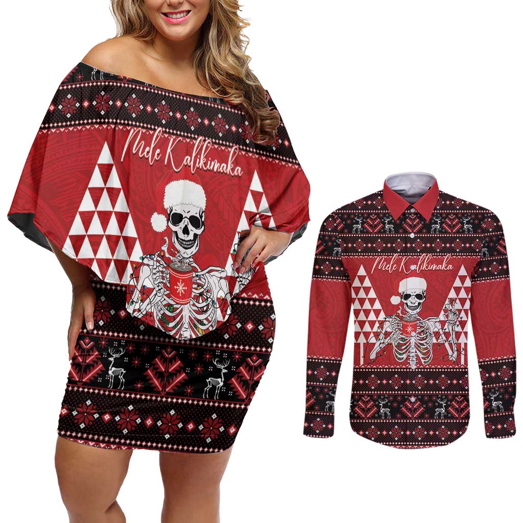 Personalized Hawaii Skull Christmas Couples Matching Off Shoulder Short Dress and Long Sleeve Button Shirt Mele Kalikimaka Hawaiian Kakau - Polynesian Pride