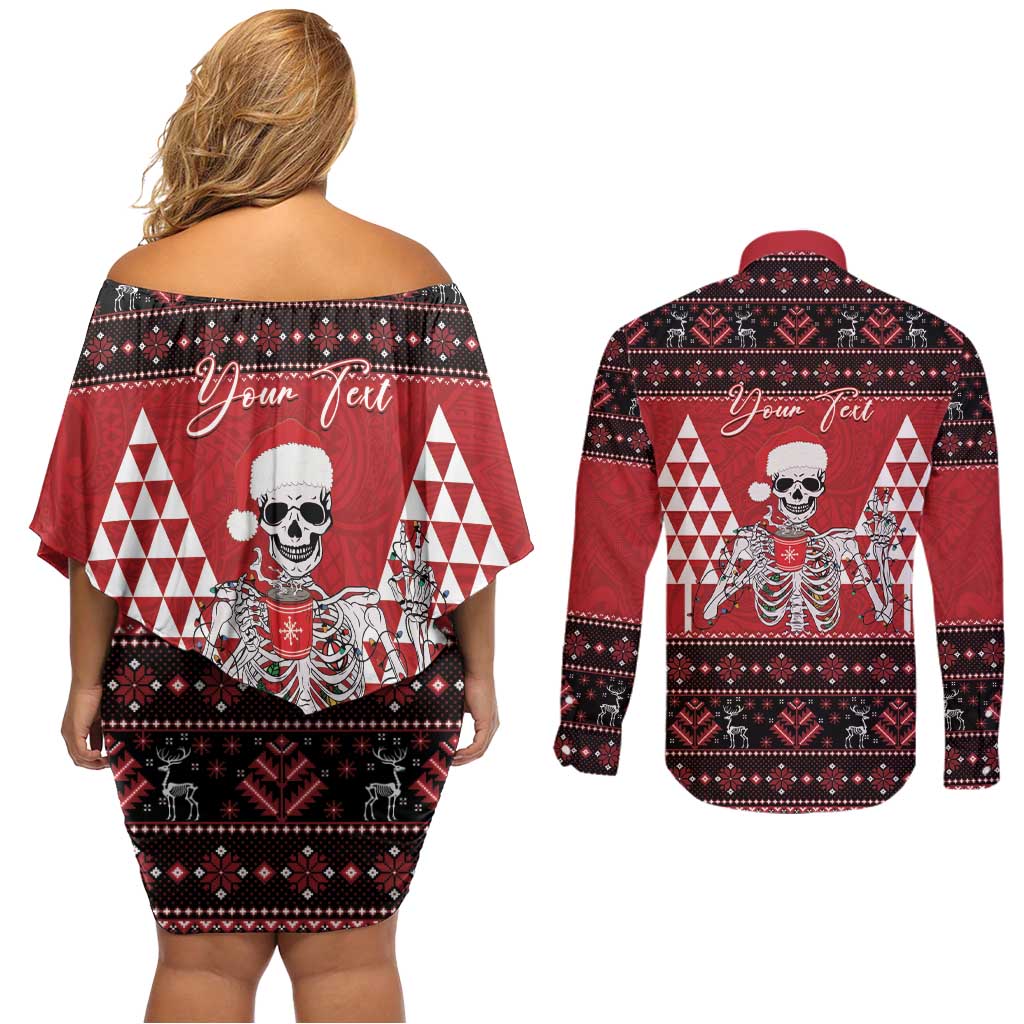 Personalized Hawaii Skull Christmas Couples Matching Off Shoulder Short Dress and Long Sleeve Button Shirt Mele Kalikimaka Hawaiian Kakau LT14 - Polynesian Pride