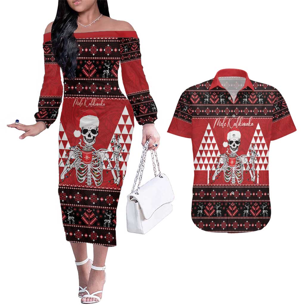 Personalized Hawaii Skull Christmas Couples Matching Off The Shoulder Long Sleeve Dress and Hawaiian Shirt Mele Kalikimaka Hawaiian Kakau LT14 Red - Polynesian Pride