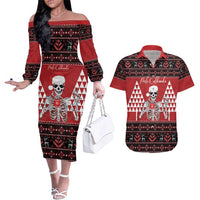 Personalized Hawaii Skull Christmas Couples Matching Off The Shoulder Long Sleeve Dress and Hawaiian Shirt Mele Kalikimaka Hawaiian Kakau LT14 Red - Polynesian Pride