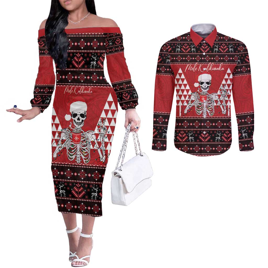 Personalized Hawaii Skull Christmas Couples Matching Off The Shoulder Long Sleeve Dress and Long Sleeve Button Shirt Mele Kalikimaka Hawaiian Kakau LT14 Red - Polynesian Pride