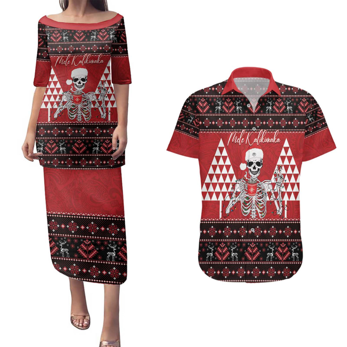 Personalized Hawaii Skull Christmas Couples Matching Puletasi and Hawaiian Shirt Mele Kalikimaka Hawaiian Kakau LT14 Red - Polynesian Pride