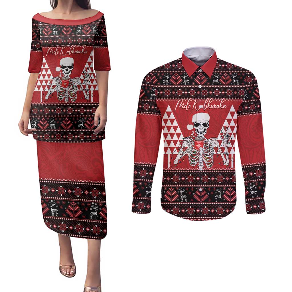 Personalized Hawaii Skull Christmas Couples Matching Puletasi and Long Sleeve Button Shirt Mele Kalikimaka Hawaiian Kakau LT14 Red - Polynesian Pride
