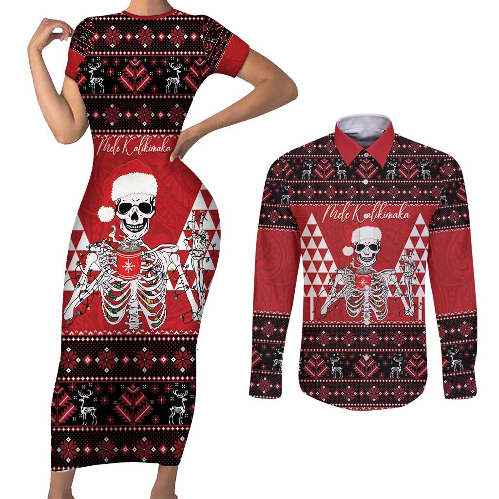 Personalized Hawaii Skull Christmas Couples Matching Short Sleeve Bodycon Dress and Long Sleeve Button Shirt Mele Kalikimaka Hawaiian Kakau LT14 Red - Polynesian Pride