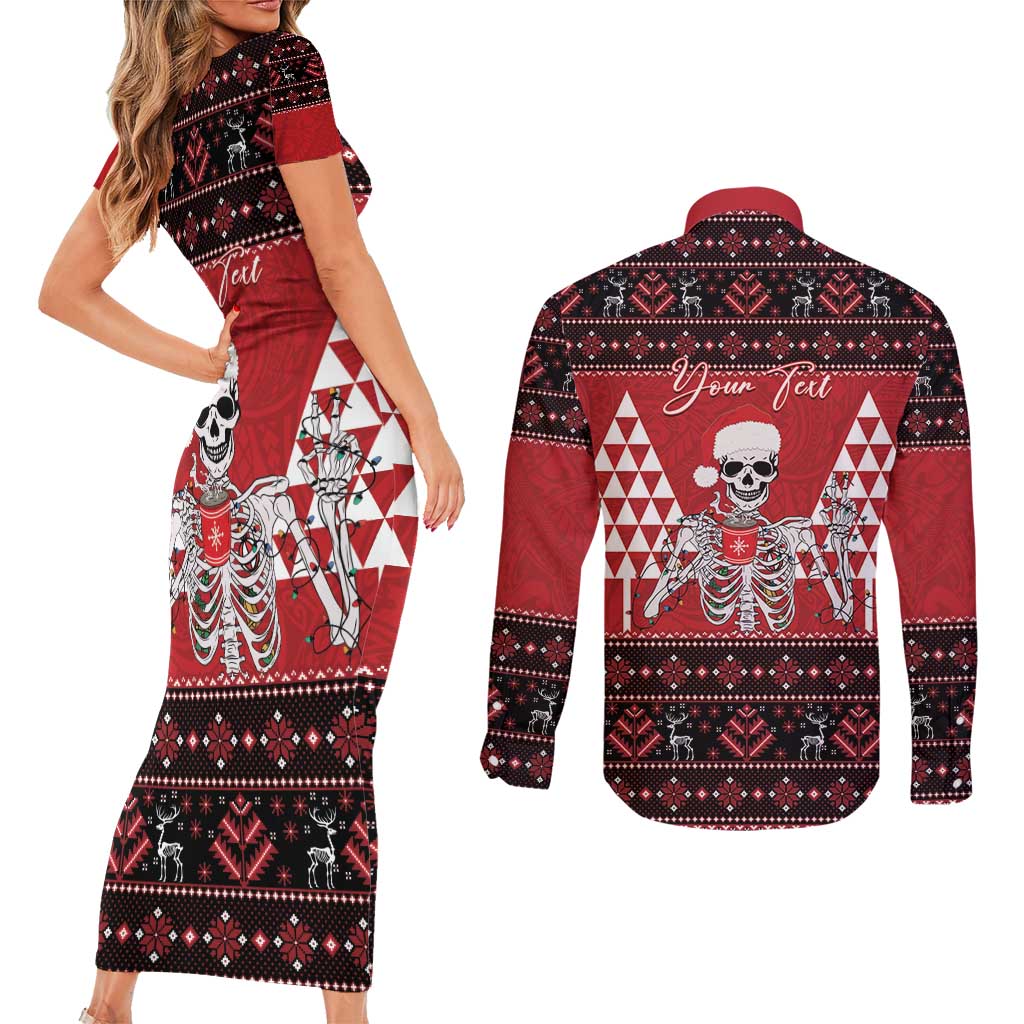 Personalized Hawaii Skull Christmas Couples Matching Short Sleeve Bodycon Dress and Long Sleeve Button Shirt Mele Kalikimaka Hawaiian Kakau LT14 - Polynesian Pride